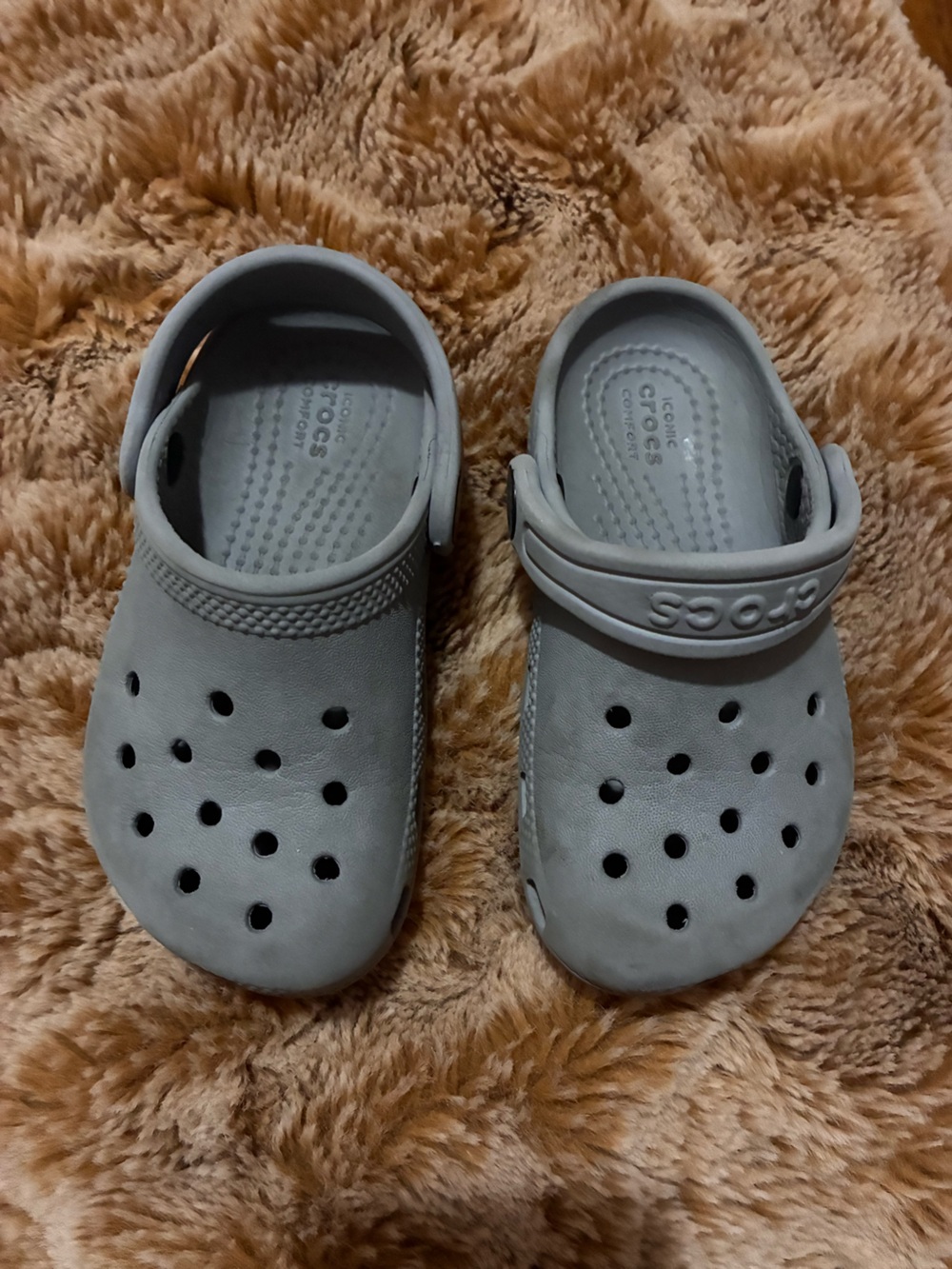 Gently used CROCS Kids Classic Iconic Comfort clogs in Light Gray